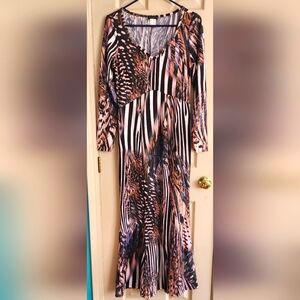 VENUS Long Sleeve Maxi Dress in Black, White, Pink and Brown Abstract Print